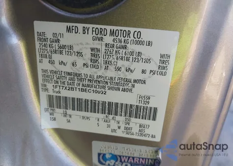 2011 Ford F-250 Lariat из США, поврежденный, VIN 1FT7X2BT1BEC10092